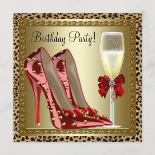 Cocktails Red High Heel Shoes Leopard Birthday Invitation