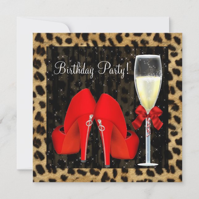 Cocktails Red High Heel Shoes Leopard Birthday Invitation (Front)
