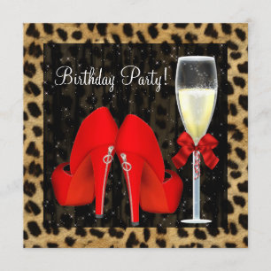 Cocktails Red High Heel Shoes Leopard Birthday Invitation