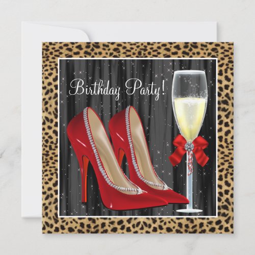 Cocktails Red High Heel Shoes Leopard Birthday Invitation