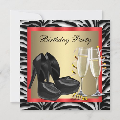Cocktails Red High Heel Shoes Red Zebra Birthday Personalized Announcements