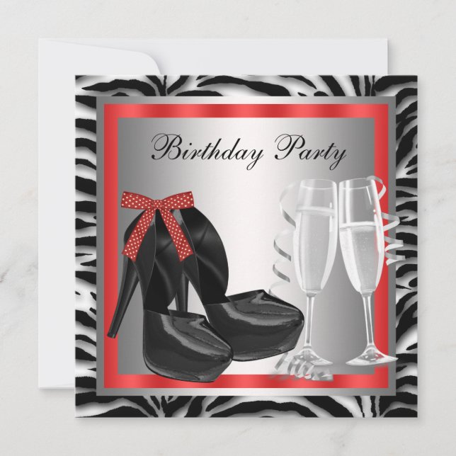 Cocktails Red High Heel Shoes Red Zebra Birthday Invitation (Front)