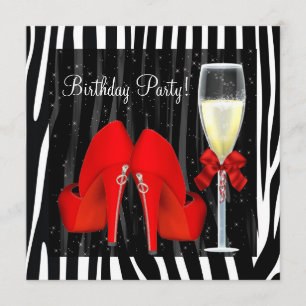 Cocktails Red High Heel Shoes Zebra Birthday Invitation