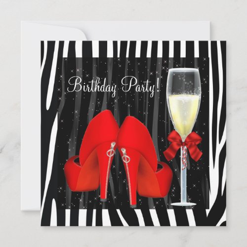 Cocktails Red High Heel Shoes Zebra Birthday Custom Invitations