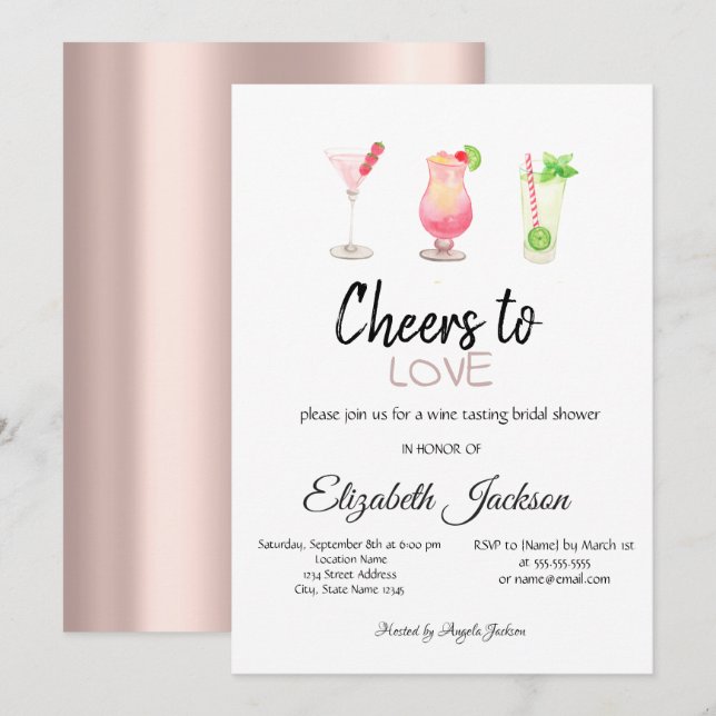 Cocktails Rose Gold Summer Bridal Shower  Invitation (Front/Back)