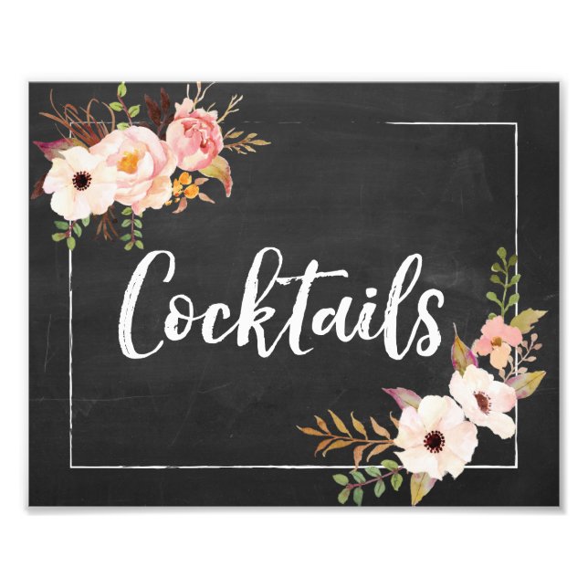 Cocktails Rustic Chalkboard Floral Wedding Sign (Front)