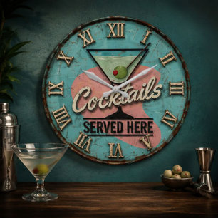 Cocktails Served Here Bar Decor  Mid-Century Large Clock
