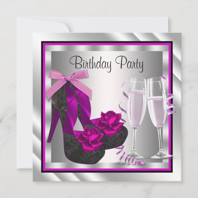 Cocktails Shoes Womans Hot Pink Black Birthday Invitation (Front)