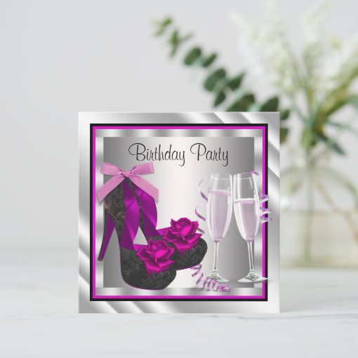 Cocktails Shoes Womans Hot Pink Black Birthday Invitation Zazzle