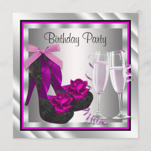 Cocktails Shoes Womans Hot Pink Black Birthday Invitation