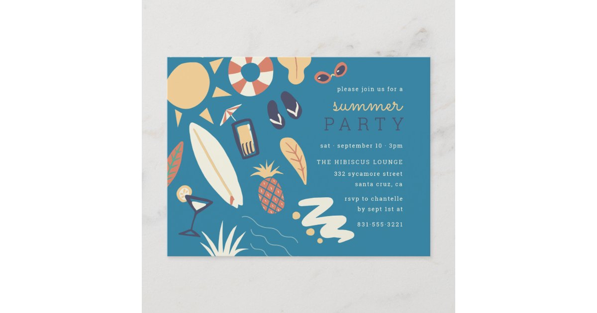 Cocktails, Surf & Sun | Cute Summer Birthday Party Invitation Postcard ...