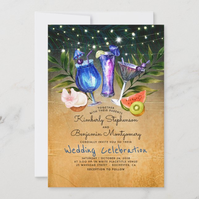Cocktails Tropical Beach Lights Wedding Invitation (Front)