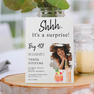 Cocktails white photo surprise forty birthday invitation