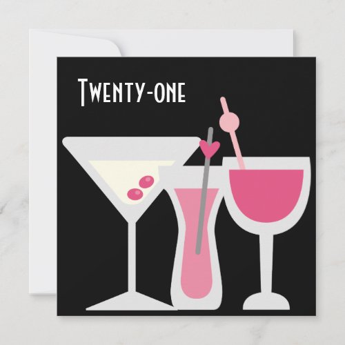 Cocktails Womans Pink Black 21st Birthday Party Custom Announcement
