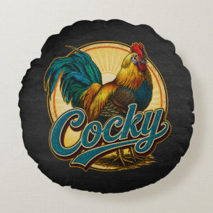 Cocky Rooster Vintage Farmhouse Round Pillow