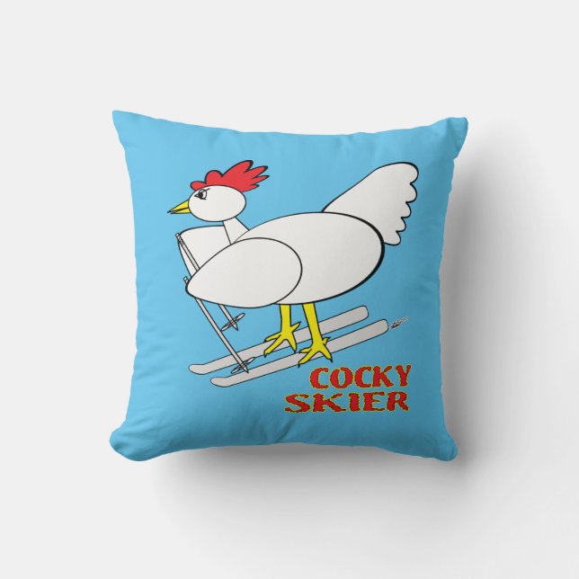 Cocky Skier Throw Pillow (Front)