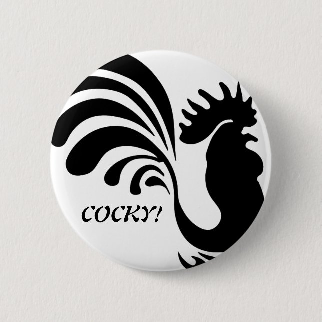 "COCKY!" Stylized Rooster Button (Front)