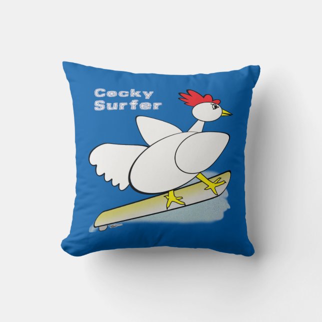 Cocky Surfer Throw Pillow (Front)
