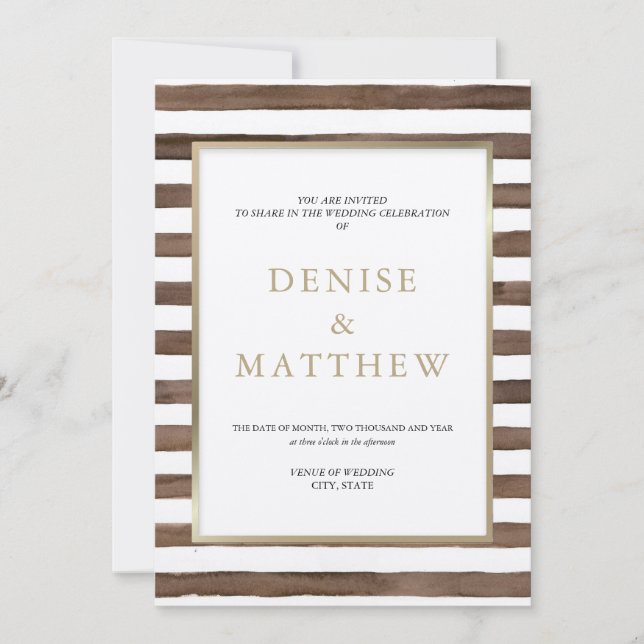 Coco Mocha Watercolor Stripes & Gold Lettering   Invitation (Front)