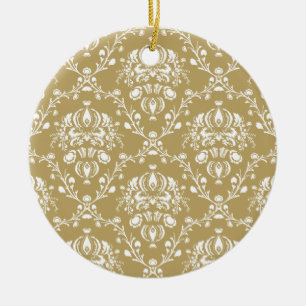 Cocoa and Cream Damask Ceramic Ornament