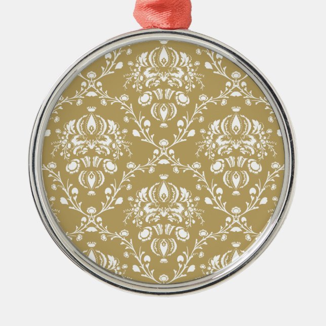 Cocoa and Cream Damask Metal Ornament (Front)