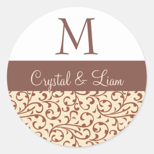 COCOA and RICH VANILLA  Damask Wedding Monogram Classic Round Sticker