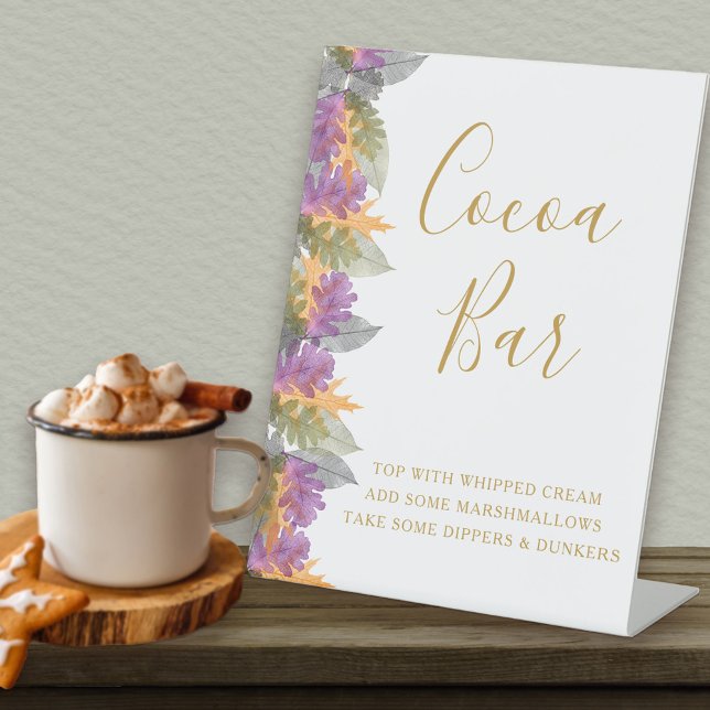 Cocoa Bar October Leaves Bridal Shower Pedestal Sign (Cocoa Bar sign with elegant autumn leaves and editable text)