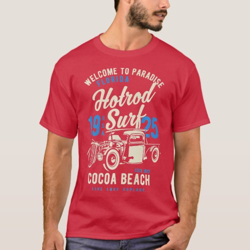 Cocoa Beach Florida Retro Hotrod Surf Design Premi T_Shirt