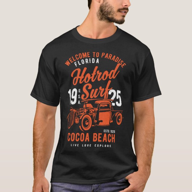 Cocoa Beach Florida Retro Hotrod Surf Distressed   T-Shirt (Front)