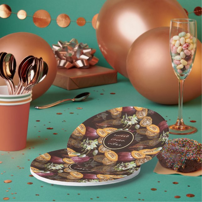 Cocoa Beans and Flowers, Chocolate Pattern Paper Plates (Multi)