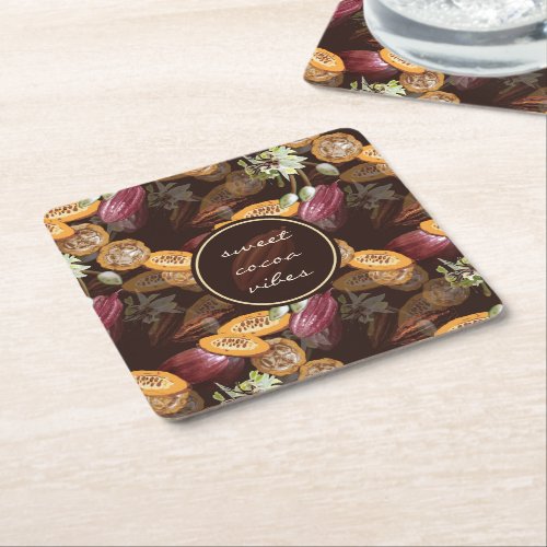 Cocoa Beans and Flowers Chocolate Pattern Square Paper Coaster