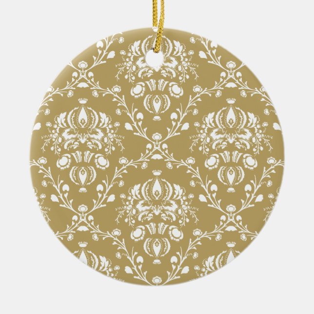 Cocoa Brown and Cream Damask Ceramic Ornament (Front)