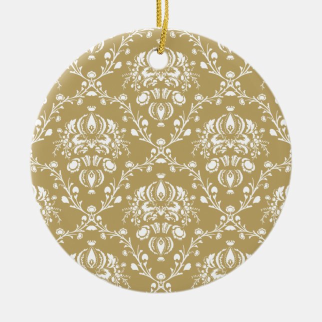 Cocoa Brown and Cream Damask Ceramic Ornament (Front)
