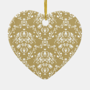Cocoa Brown and Cream Damask Ceramic Ornament