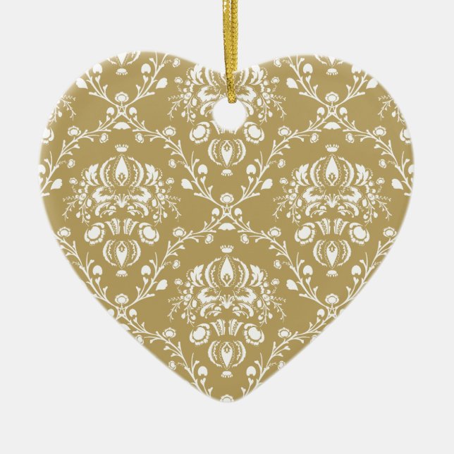 Cocoa Brown and Cream Damask Ceramic Ornament (Front)