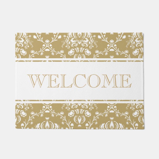 Cocoa Brown and Cream Damask Doormat (Front)