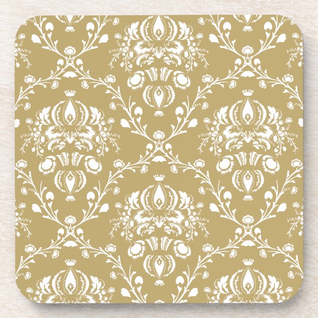 Cocoa Brown and Cream Damask Drink Coaster (Front)