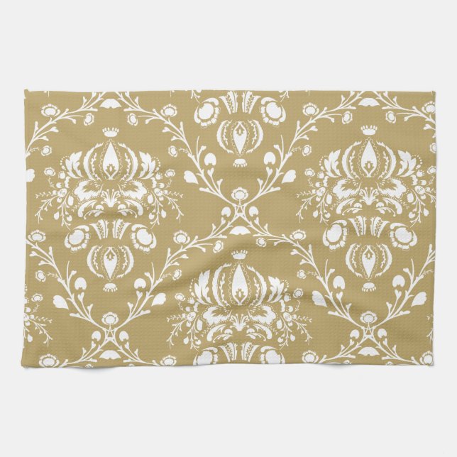Cocoa Brown and Cream Damask Kitchen Towel (Horizontal)