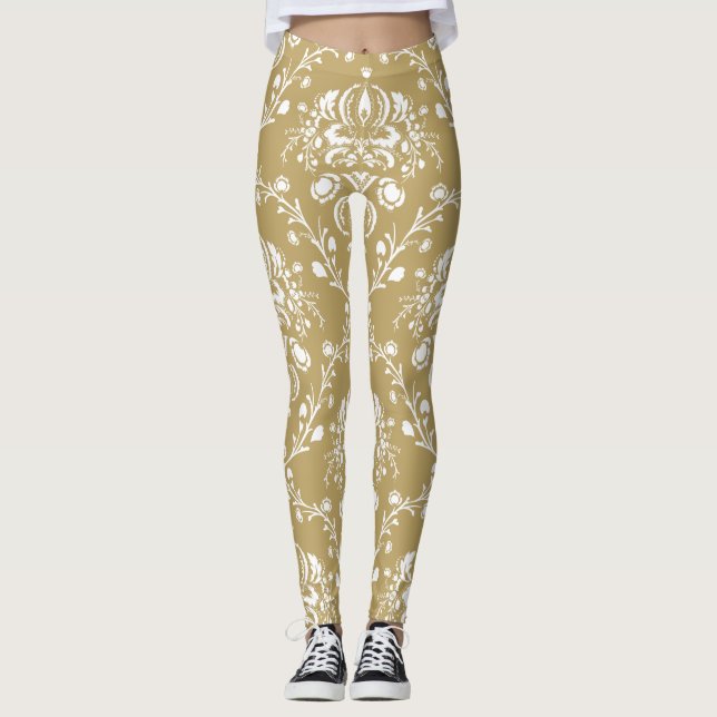 Cocoa Brown and Cream Damask Leggings (Front)