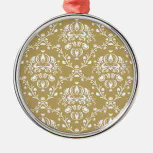 Cocoa Brown and Cream Damask Metal Ornament