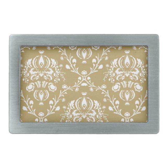 Cocoa Brown and Cream Damask Rectangular Belt Buckle (Front)