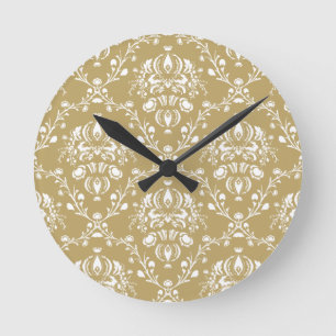 Cocoa Brown and Cream Damask Round Clock