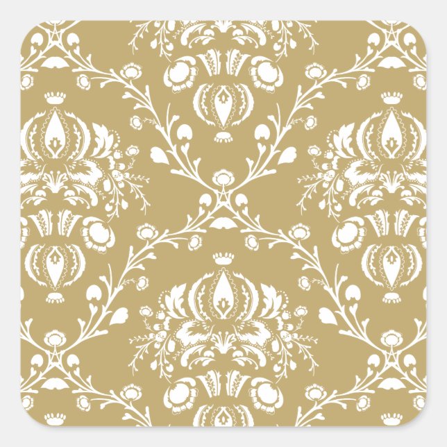 Cocoa Brown and Cream Damask Square Sticker (Front)