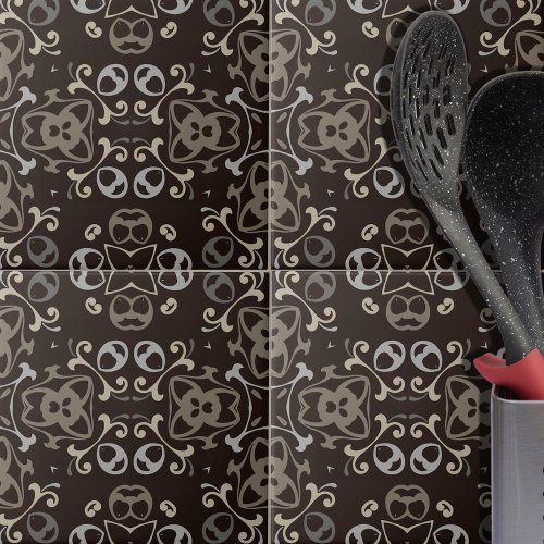 Cocoa Brown Beige Gray Ethnic Boho Pattern Ceramic Tile