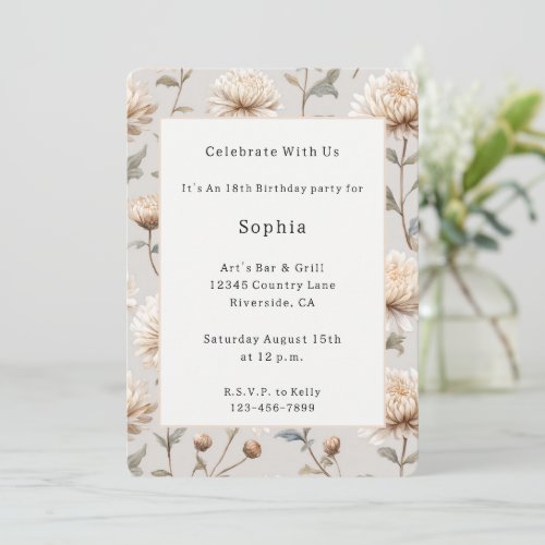 Cocoa Brown Cream Floral Birthday   Invitation