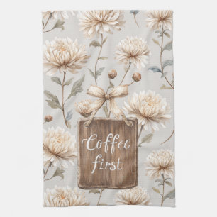 Cocoa Brown Cream Floral Coffee First Kitchen Towel