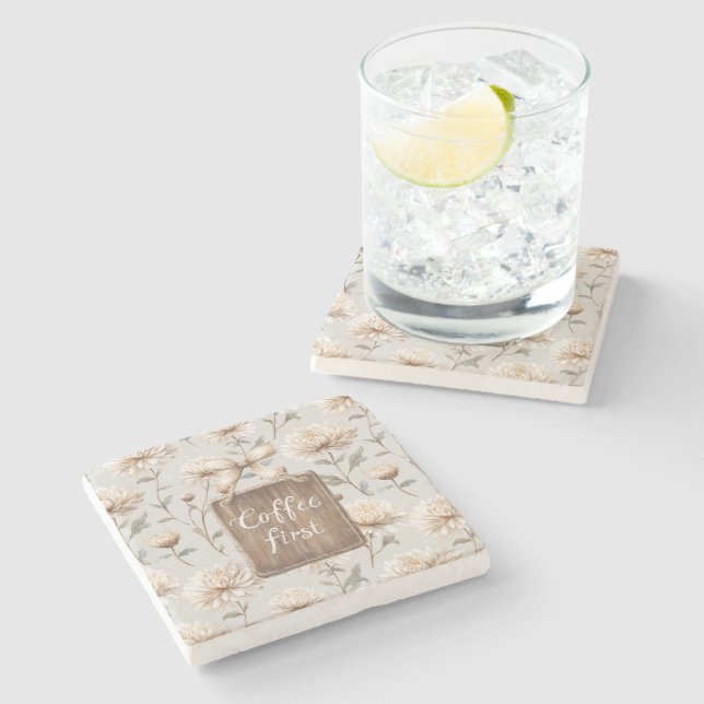 Cocoa Brown Cream Floral Coffee First   Stone Coaster (Side)