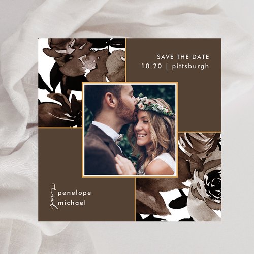 Cocoa Brown Floral Photo Wedding Save The Date