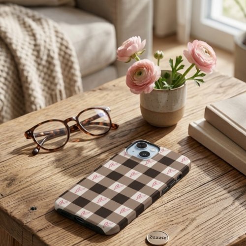 Cocoa Brown Heart Gingham Check Matte Case