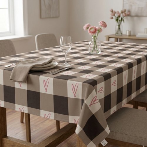 Cocoa Brown Heart Gingham Check Tablecloth